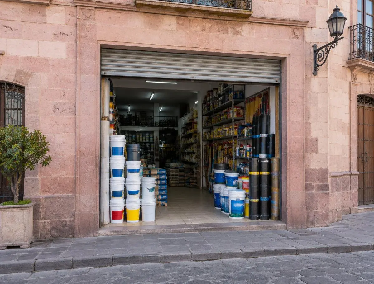 Fachada de una tienda de impermeabilizantes en calle de cantera
